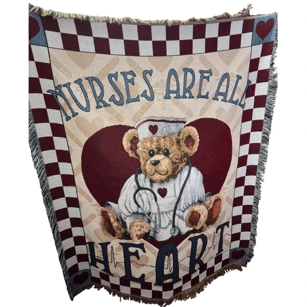 Tapestry Nursing Throw‎ Blanket OS Red Nurses Are All Heart Teddy Bear 63